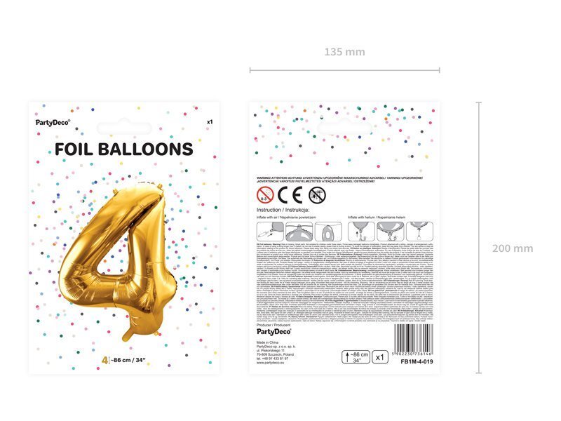 Fooliumist õhupall Number "4", 86 cm, kuldne цена и информация | Õhupallid | kaup24.ee
