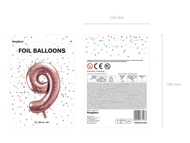 Fooliumist õhupall Number "9", 86 cm, roosa/kuldne, 50 tk. hind ja info | Õhupallid | kaup24.ee