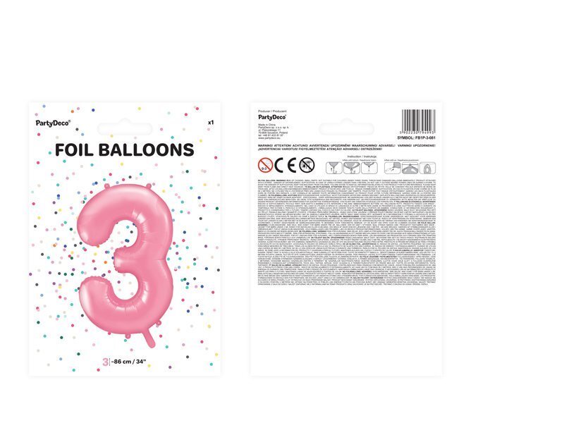 Fooliumist õhupall Number "3", 86 cm, roosa, 50 tk. hind ja info | Õhupallid | kaup24.ee