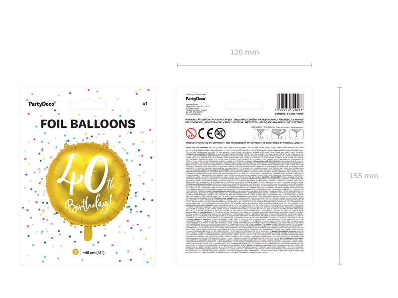 Fooliumist õhupallid 40th Birthday 45 cm, kuldne, 50 tk. hind ja info | Õhupallid | kaup24.ee