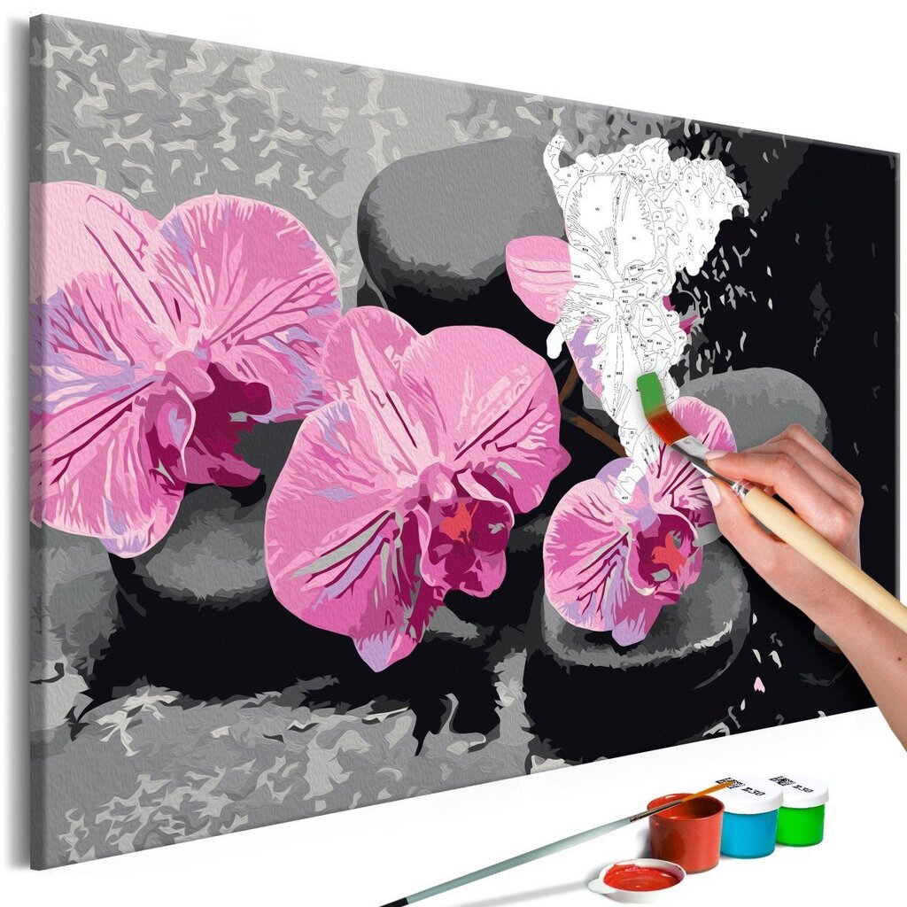 Tee ise - maal lõuendil - Orhidee Zen kividega (Mustal taustal) 60x40 cm hind ja info | Maalid numbri järgi | kaup24.ee