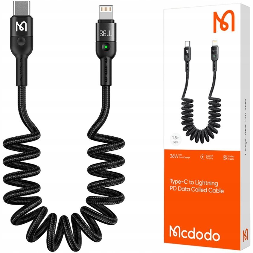 Kaabel iPhone'ile, USB-C, vedruga, kiire, 36W, 1.8M, Mcdodo hind ja info | Mobiiltelefonide kaablid | kaup24.ee