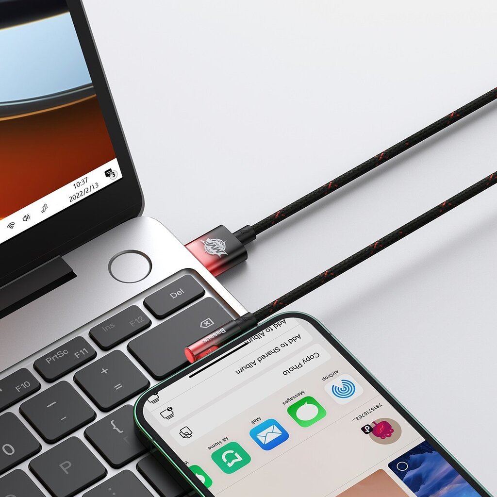 Nurga all olev kaablijuhe külje USB pistikuga Iphone Lightning 1m 2,4A punane 10185191 цена и информация | Mobiiltelefonide kaablid | kaup24.ee