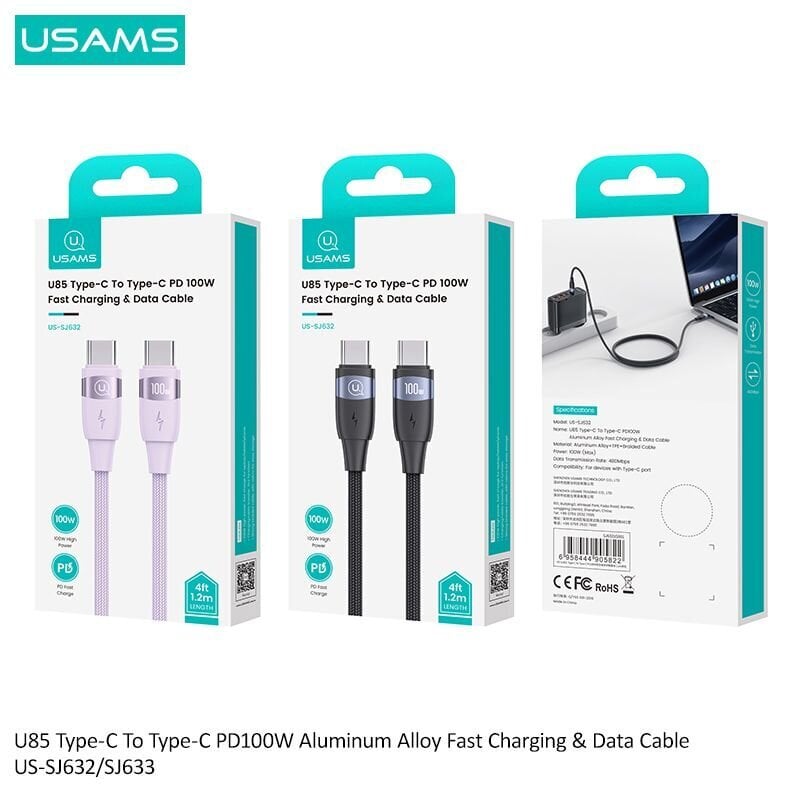 Usams Kabel U85 USB-C na USB-C 100W 1.2m PD Fast Charging fioletowy|purple SJ632USB03 (US-SJ632) цена и информация | Mobiiltelefonide kaablid | kaup24.ee