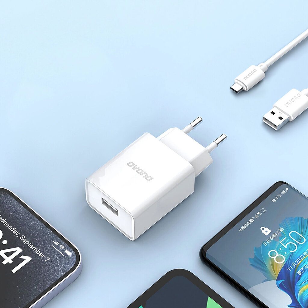 Dudao A4EU USB-A 2.1A seinalaadija - valge + USB-A - mikro USB kaabel цена и информация | Mobiiltelefonide laadijad | kaup24.ee