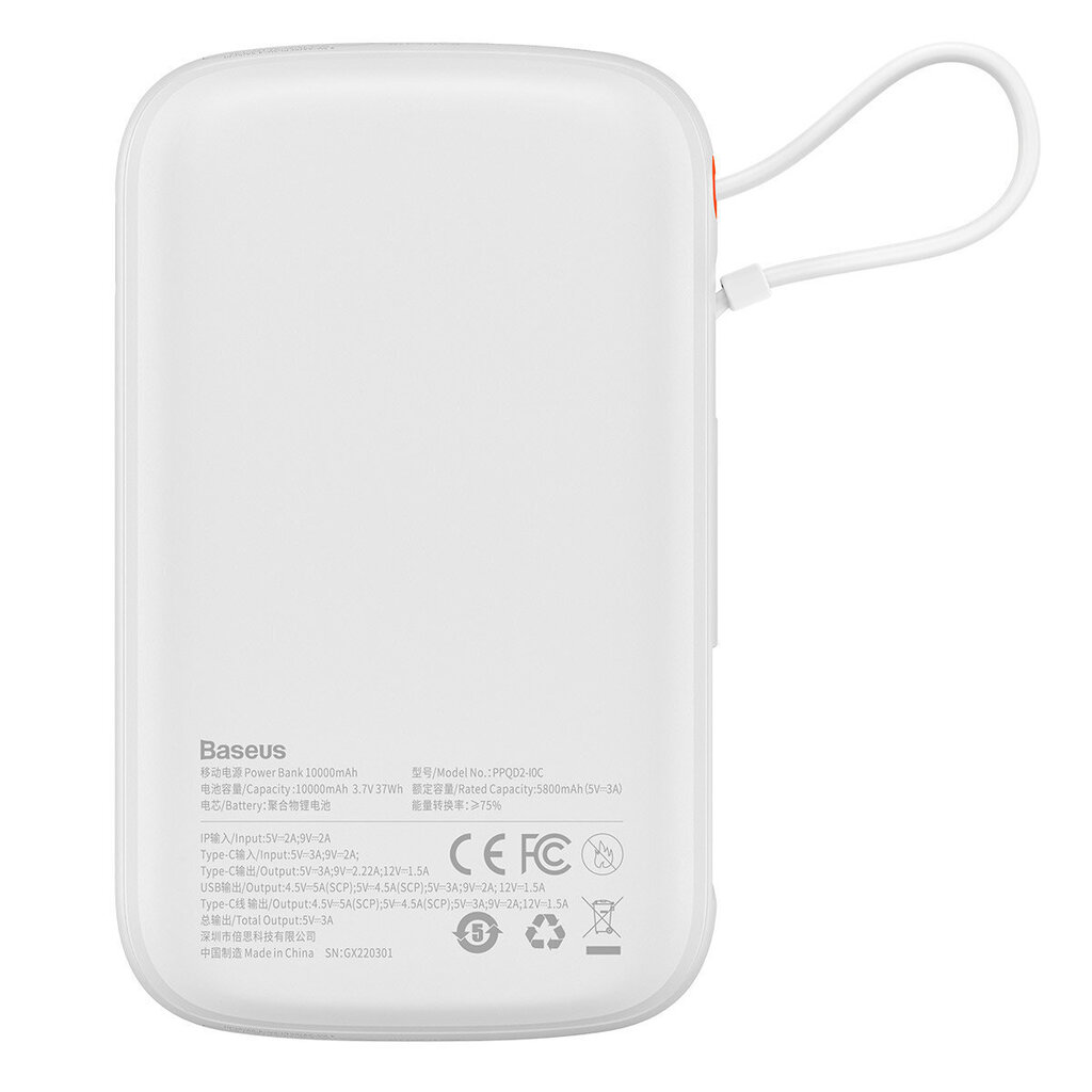 Qpow powerbank 10000mAh sisseehitatud USB Type-C kaabel 22,5W kiirlaadimine valge hind ja info | Akupangad | kaup24.ee