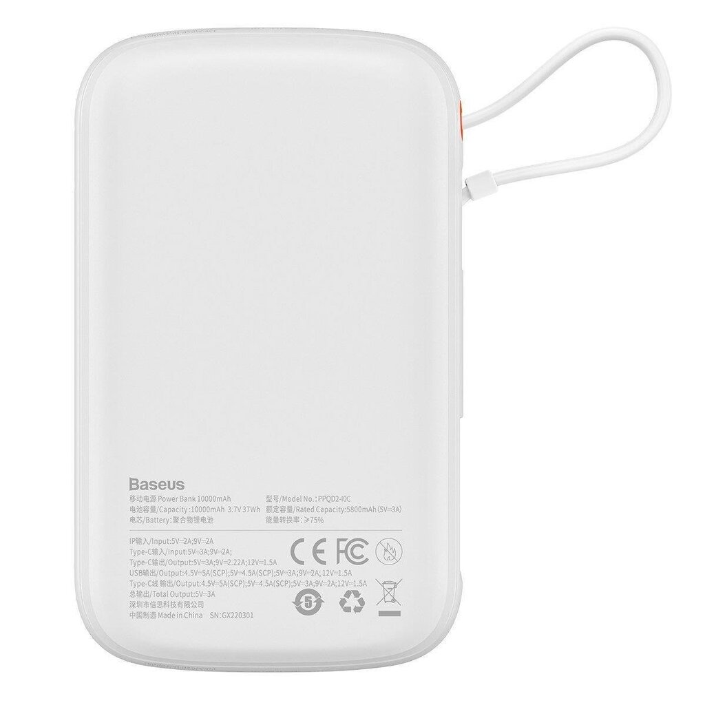 Toitepank kiirlaadimisega 10000mAh 22,5W QC-PD-SCP-FCP USB-C kaabel valge цена и информация | Akupangad | kaup24.ee