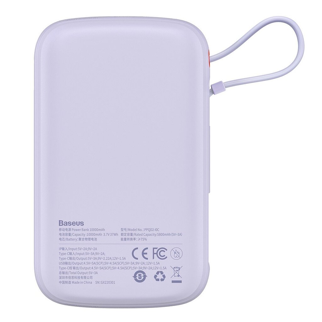 Power aku, Baseus, 10000 mAh., integreeritud USB Type-C kaabel 22,5 W., kiirlaadimine, lilla hind ja info | Akupangad | kaup24.ee