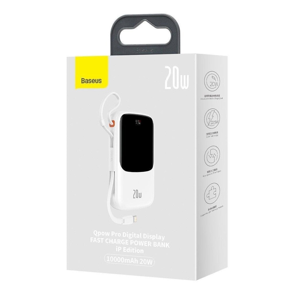 Kiirlaadimise aku, Baseus, 10000 mAh., 20 W., QC-PD-SCP-FCP, Iphone Lightning kaabel, valge hind ja info | Akupangad | kaup24.ee