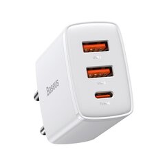 Компактное быстрое зарядное устройство, Baseus, 2x USB-C, 30 Вт, 3A PD QC, белый цена и информация | Зарядные устройства для телефонов | kaup24.ee