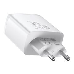 Компактное быстрое зарядное устройство, Baseus, 2x USB-C, 30 Вт, 3A PD QC, белый цена и информация | Зарядные устройства для телефонов | kaup24.ee