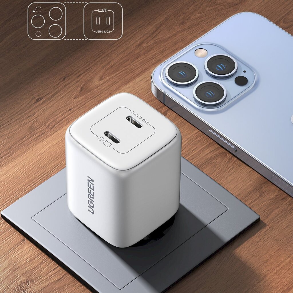 Kiirlaadija, Ugreen CD2941, GaN 2x USB-C, 45 W., QC PD, valge цена и информация | Mobiiltelefonide laadijad | kaup24.ee