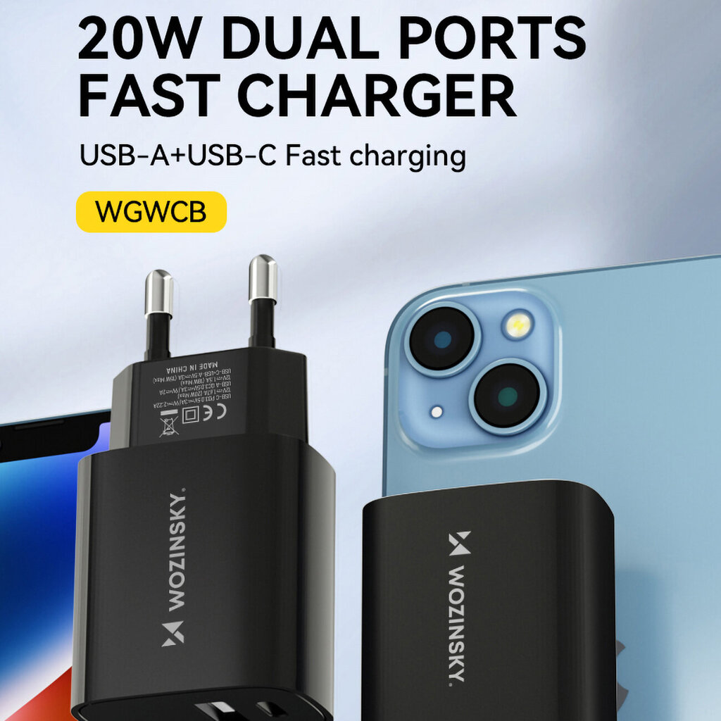 Wozinsky WGWCB USB-A USB-C 20W seinalaadija - must цена и информация | Mobiiltelefonide laadijad | kaup24.ee