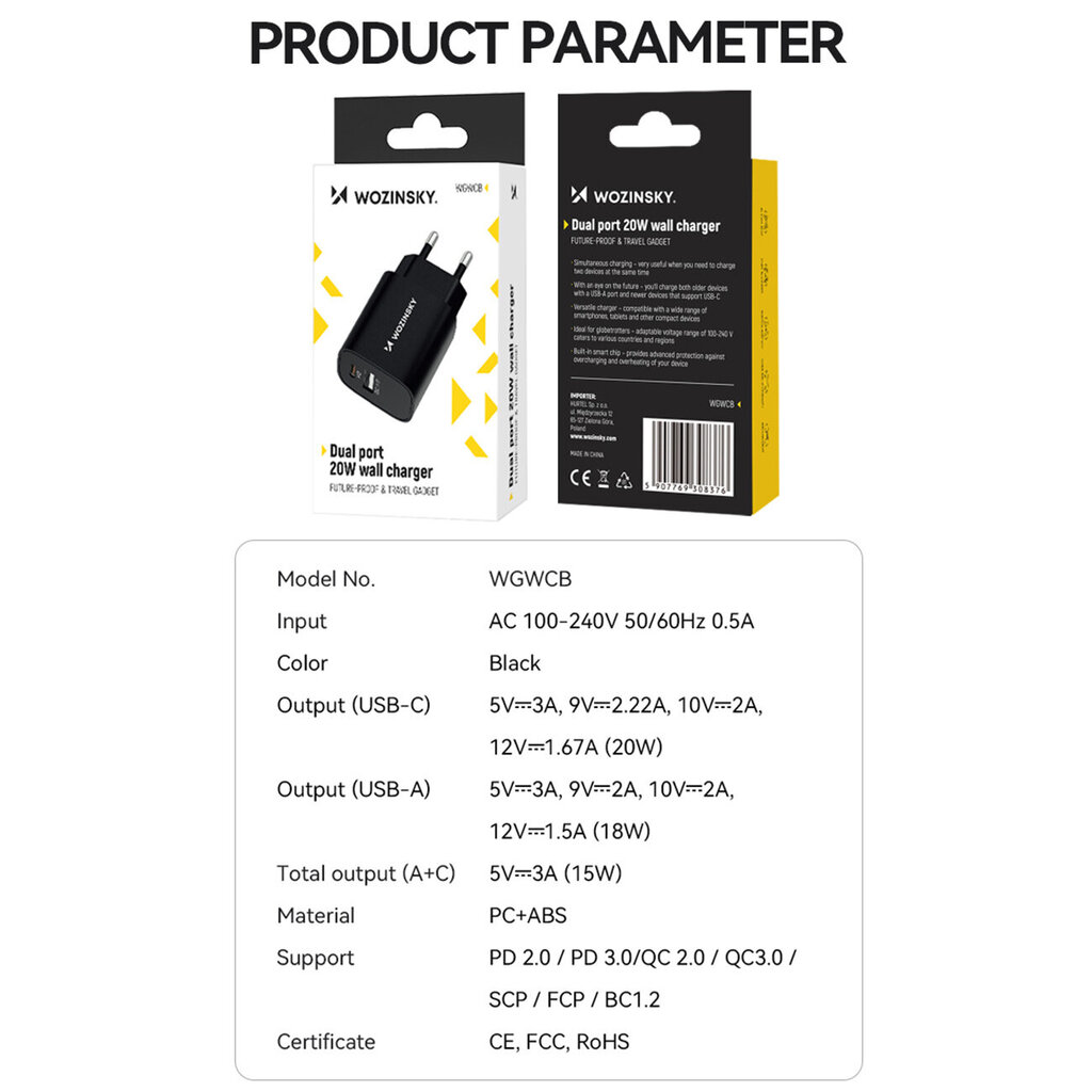 Wozinsky WGWCB USB-A USB-C 20W seinalaadija - must hind ja info | Mobiiltelefonide laadijad | kaup24.ee