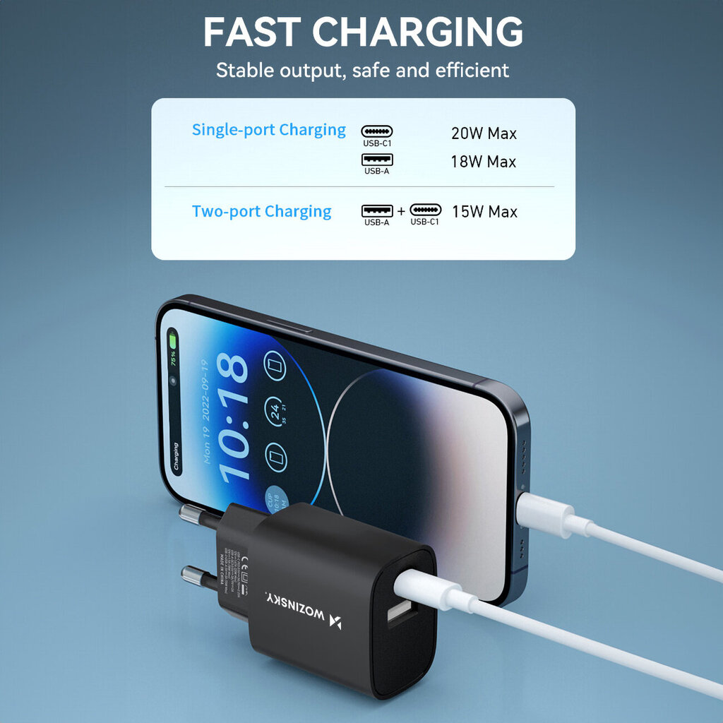 Wozinsky WGWCB USB-A USB-C 20W seinalaadija - must hind ja info | Mobiiltelefonide laadijad | kaup24.ee