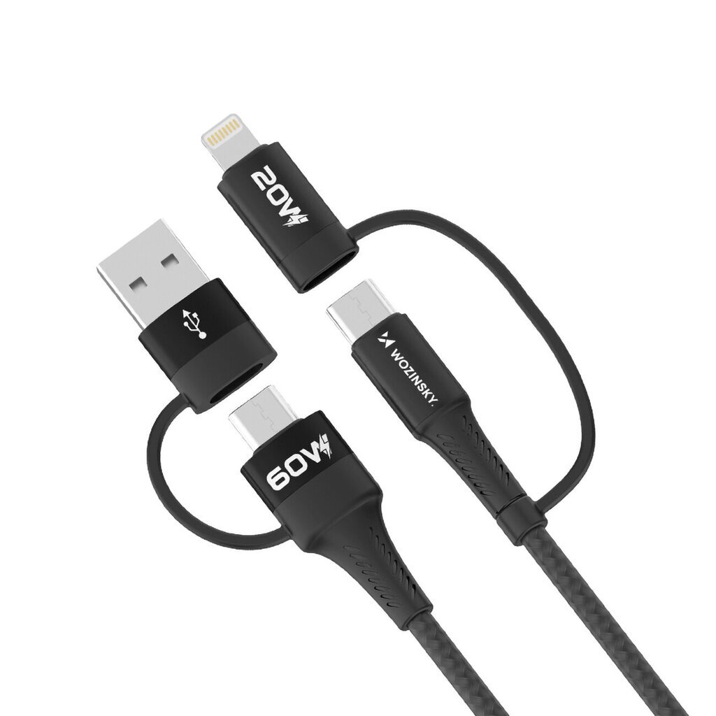 Wozinsky WNBAA 4v1 kaabel 2x USB-C 1x USB-A 1x Lightning 60W 1 m - tšerný цена и информация | Mobiiltelefonide kaablid | kaup24.ee