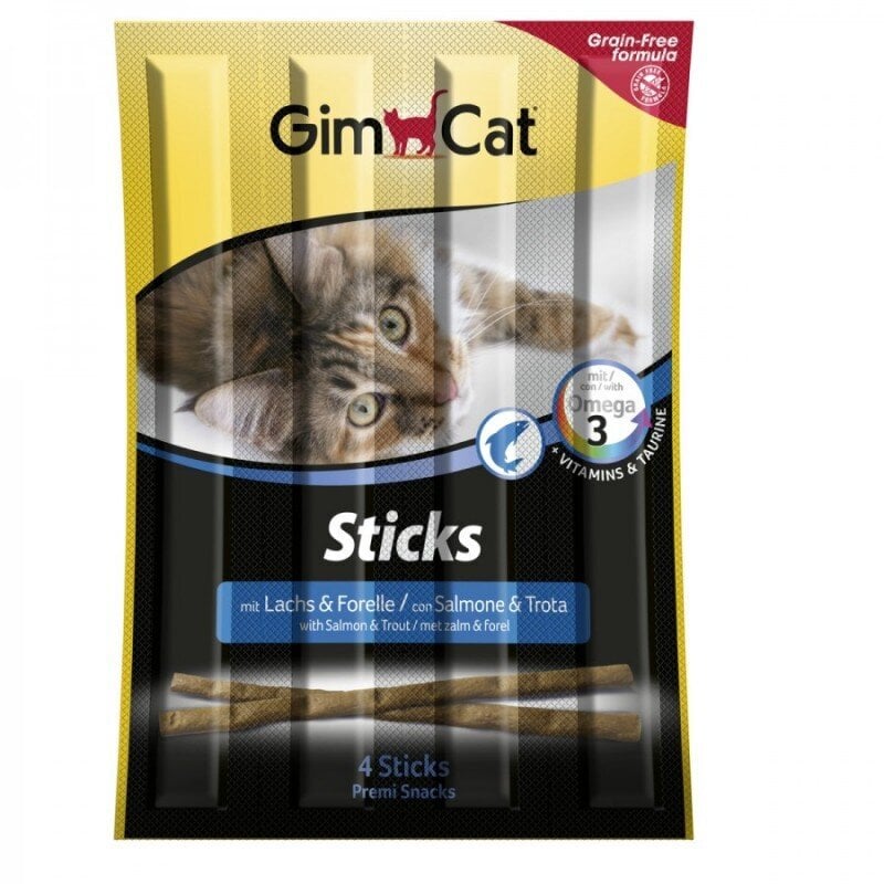 GimCat Sticks Salmon & Trout Grain Free maiused kassidele lõhe ja forelliga, 4 tk цена и информация | Maiustused kassidele | kaup24.ee