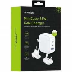 INNOSTYLE MINI CUBE МОЩНОЕ БЫСТРОЕ ЗАРЯДНОЕ УСТРОЙСТВО GAN ПУТЕШЕСТВИЯ EU US UK AU 3X USB USB-C 65W БЕЛЫЙ цена и информация | Зарядные устройства для телефонов | kaup24.ee