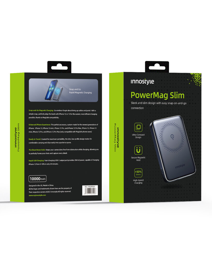 INNOSTYLE POWERMAG SLIM KIIRE INDUKTSIOONIGA POWERBANK MAGSAFE 10000MAH MUST hind ja info | Akupangad | kaup24.ee