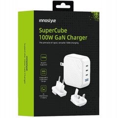 INNOSTYLE SUPER CUBE VÕIMAS KIIRLAADIJA GAN TRAVEL EU US UK AU 4X USB USB-C 100W VALGE hind ja info | Mobiiltelefonide laadijad | kaup24.ee