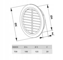 Ümmargune ventilatsiooni võre T30SS fi100 satiinne цена и информация | Вентиляторы для ванной | kaup24.ee