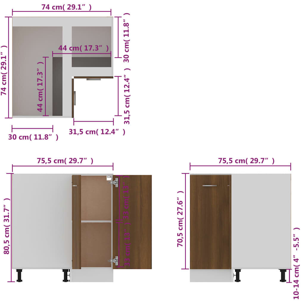 Köögikapp, pruun tamm, 75,5 x 75,5 x 80,5 cm, puit цена и информация | Köögikapid | kaup24.ee