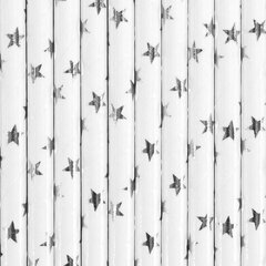 Бумажные соломинки, белые с серебряными звездами, 19,5 см, 1 упаковка/10 штук цена и информация | Праздничная одноразовая посуда | kaup24.ee
