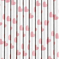 Бумажные соломинки, белые с розовыми сердечками, 19,5 см, 1 коробка/50 упаковок (1 упаковка/10 штук) цена и информация | Праздничная одноразовая посуда | kaup24.ee