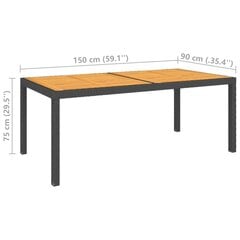 aialaud, 150 x 90 x 75 cm, polürotang ja akaatsiapuit, must цена и информация | Садовые столы и столики | kaup24.ee