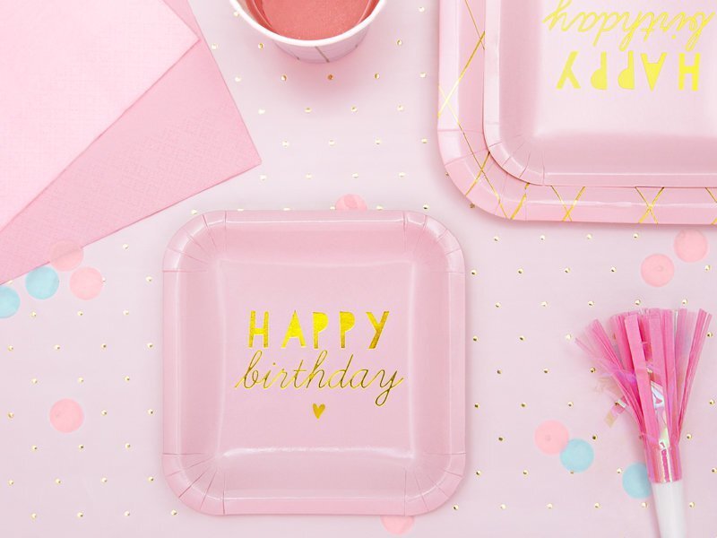 Ühekordsed papptaldrikud Happy Birthday Light Pink 14x14 cm (1 pakk/6 tk) hind ja info | Ühekordsed nõud | kaup24.ee