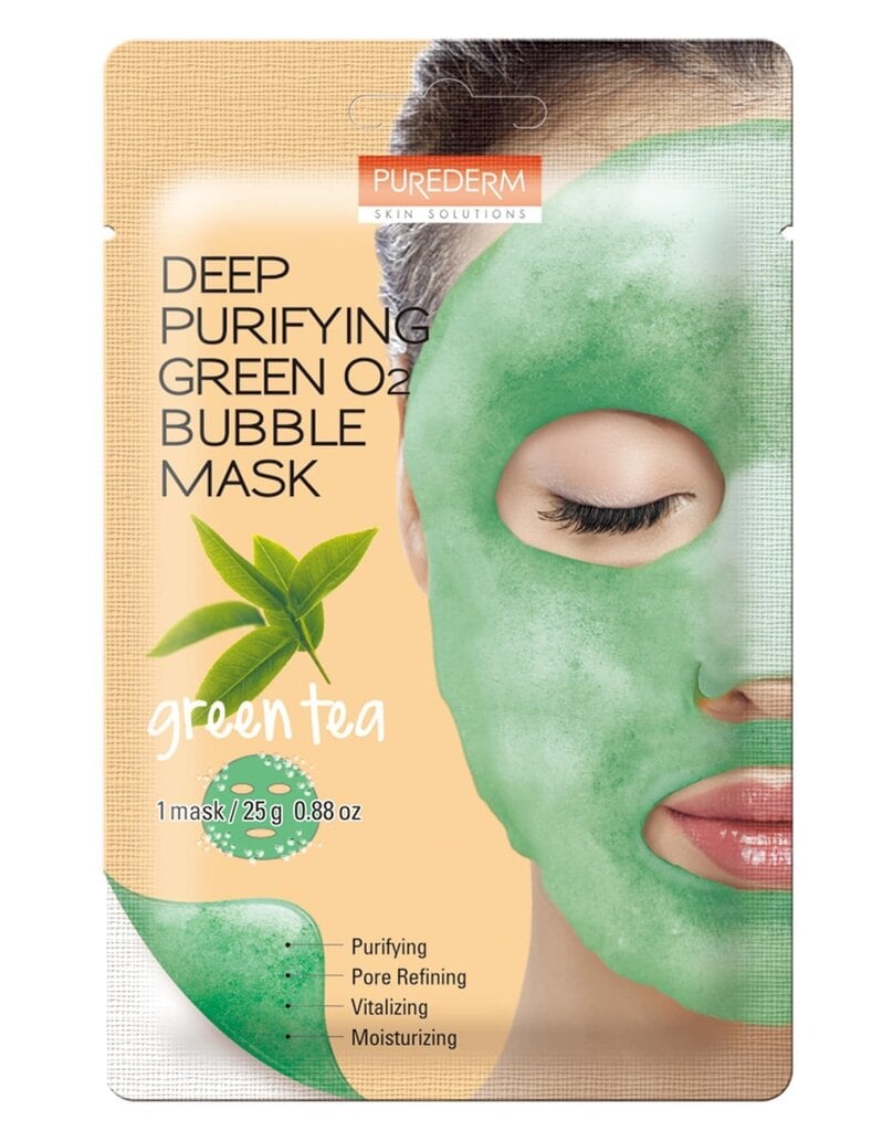 Sügavpuhastav vahutav kangasmask Purederm Deep Purifying Green O2 Bubble Rohelise teega 25 g цена и информация | Näomaskid, silmamaskid | kaup24.ee