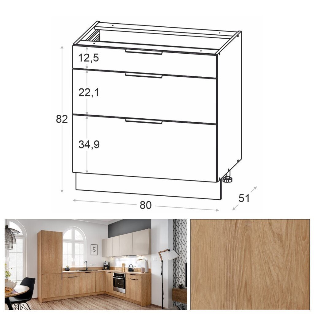 Novo alumine 3 sahtliga köögikapp, 80 cm, hikkori tamm hind ja info | Köögikapid | kaup24.ee