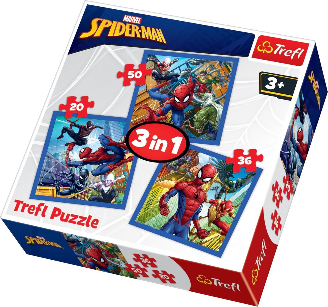 Pusle komplekt Trefl 3 in 1 Spiderman, 20+50+36 hind ja info | Pusled | kaup24.ee