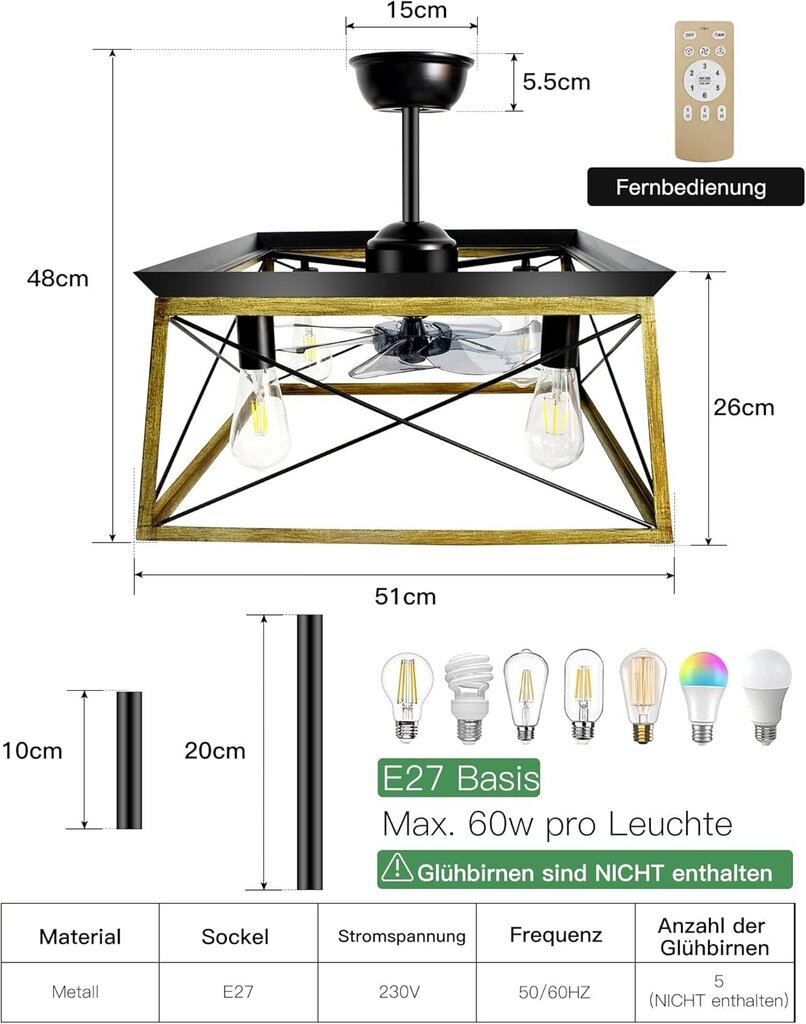 Laevalgusti ventilaatoriga Dexnump, läbimõõt 51x26cm, 60W, must цена и информация | Laelambid | kaup24.ee