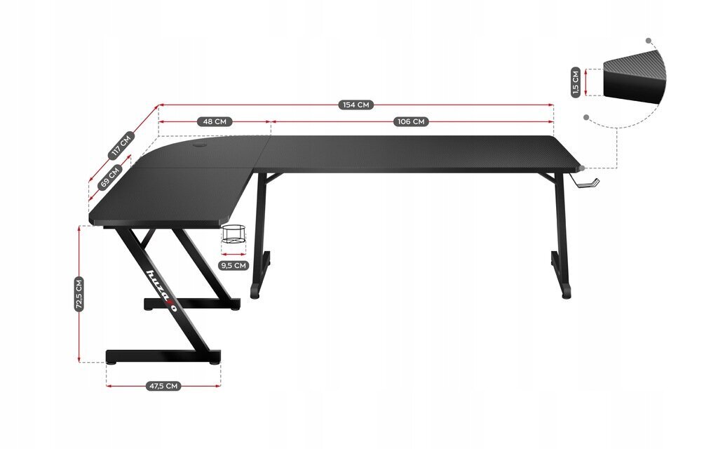 Arvutilaud Huzaro Hero 7.0,, 154 x 72,5 x 117 cm, must hind ja info | Arvutilauad, kirjutuslauad | kaup24.ee