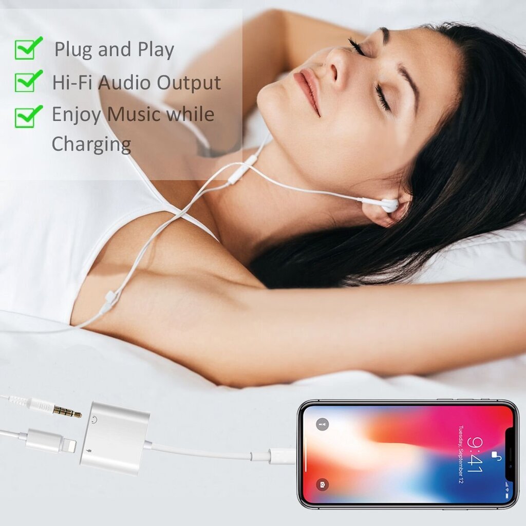 iLike AX7 Topelt Lightning Audio Adapter iPhone jaoks 3,5 mm kõrvaklappide pistiku ja Lightningi laadimispistikuga Valge (OEM) цена и информация | Kaablid ja juhtmed | kaup24.ee