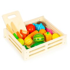Puidust köögiviljad ja puuviljad lõikamiseks, puidust kast, 24 cm. x 28 cm. x 6,5 cm, 17 osa hind ja info | Tüdrukute mänguasjad | kaup24.ee