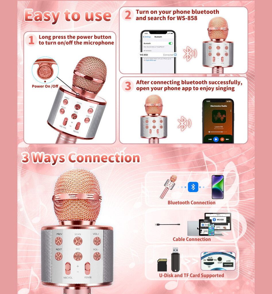 Karaokemikrofon sisseehitatud kõlariga, roosa цена и информация | Arendavad mänguasjad | kaup24.ee