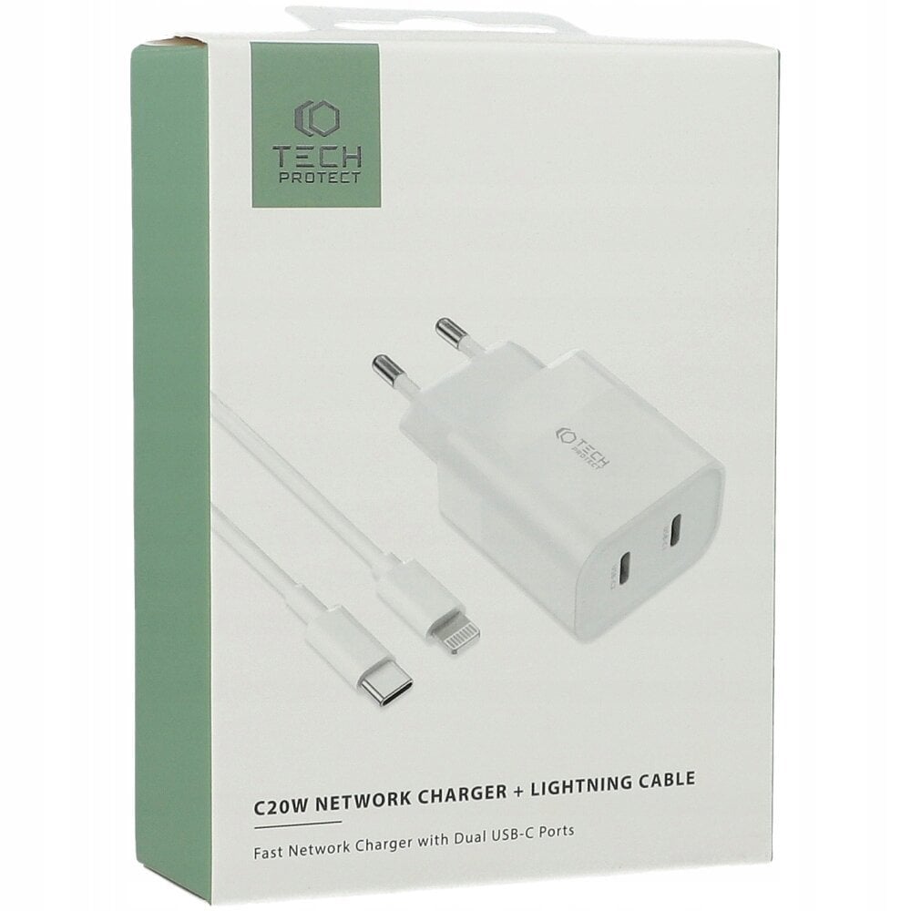 Laadija Tech-Protect C20W 2-PORT Network PD 20W USB-C valge цена и информация | Mobiiltelefonide laadijad | kaup24.ee