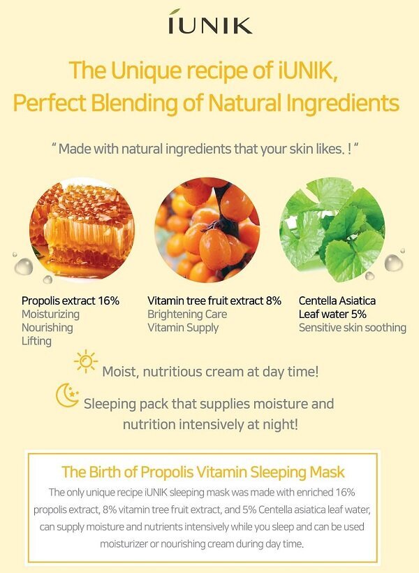 iUNIK Propolis Vitamin Sleeping Mask 60ml - niisutav kreemjas öökimask taruvaiguga цена и информация | Näomaskid, silmamaskid | kaup24.ee