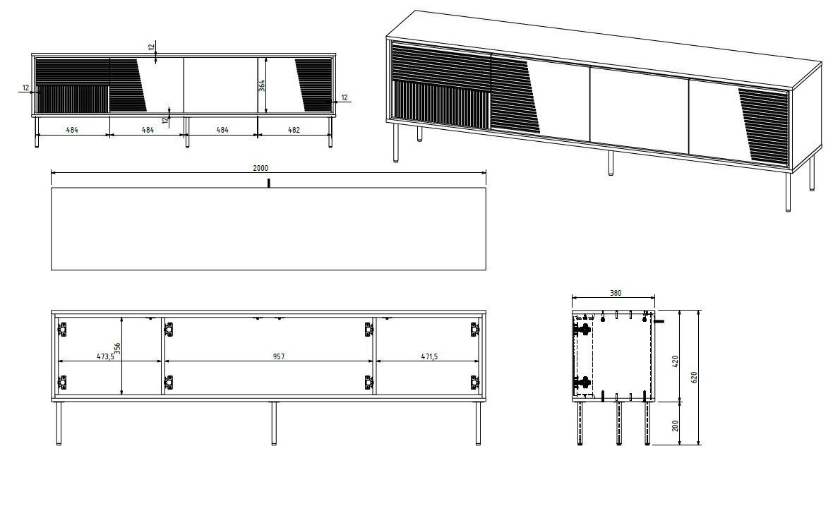 TV alus Cama Meble Abi 4D, 200x38x62 cm, must цена и информация | TV alused | kaup24.ee