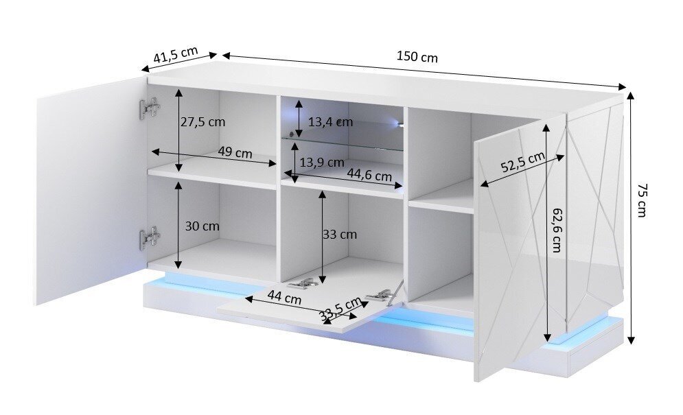 Telerilaud Cama Meble QIU 2D1K, 150x41,5x75 cm, valge hind ja info | Kummutid | kaup24.ee