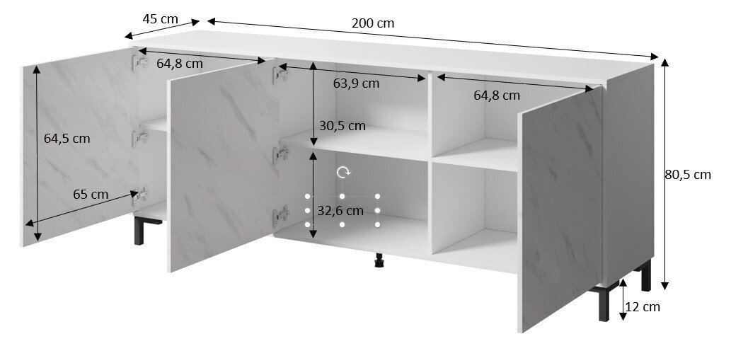 Kummut Cama Meble Marmo 3D, 200x45x80,5 cm, valge hind ja info | Kummutid | kaup24.ee