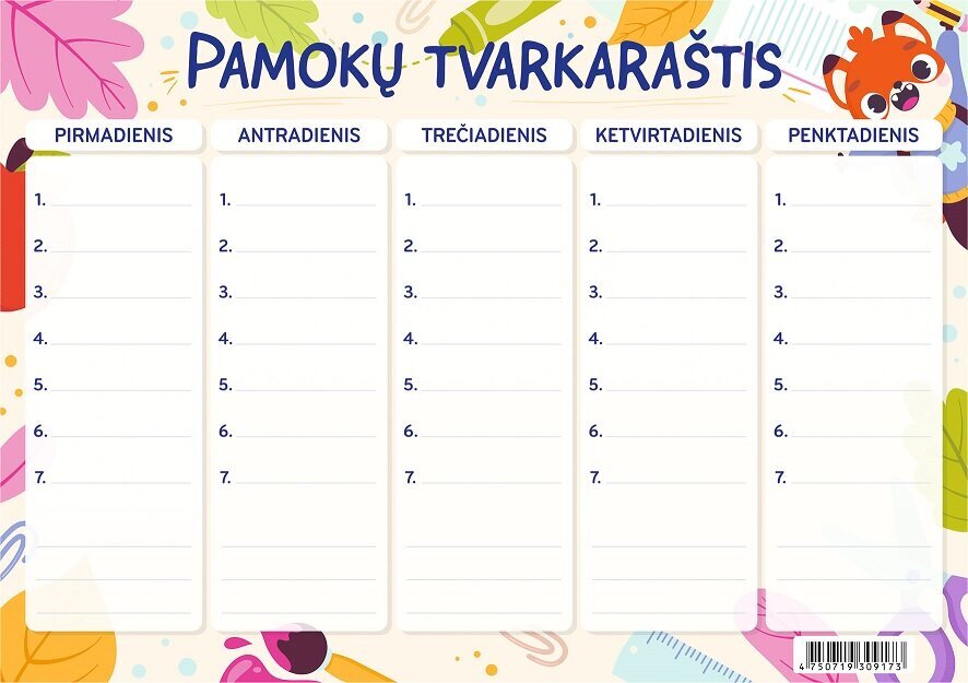 Tunniplaan LAPĖ, A5, 200 gsm hind ja info | Vihikud, märkmikud ja paberikaubad | kaup24.ee