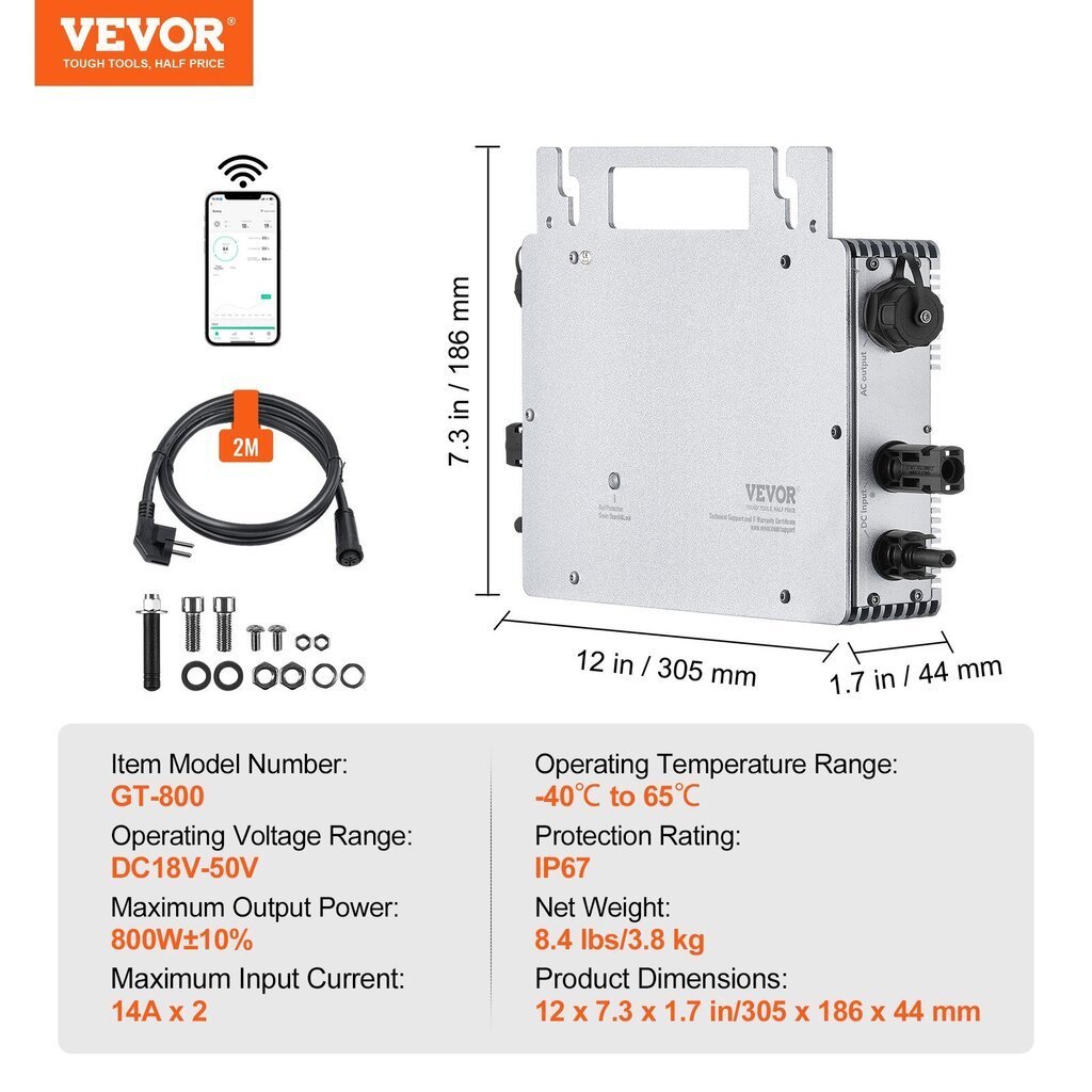 Grid Tie võrgu mikroinverter päikesemoodulitele Vevor GT-800, WiFi цена и информация | Päikeseenergiajaamade osad | kaup24.ee