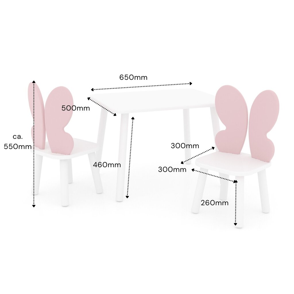 Ristkülikukujuline laud ja kaks liblikatooli - valge, roosa цена и информация | Laste lauad ja toolid | kaup24.ee