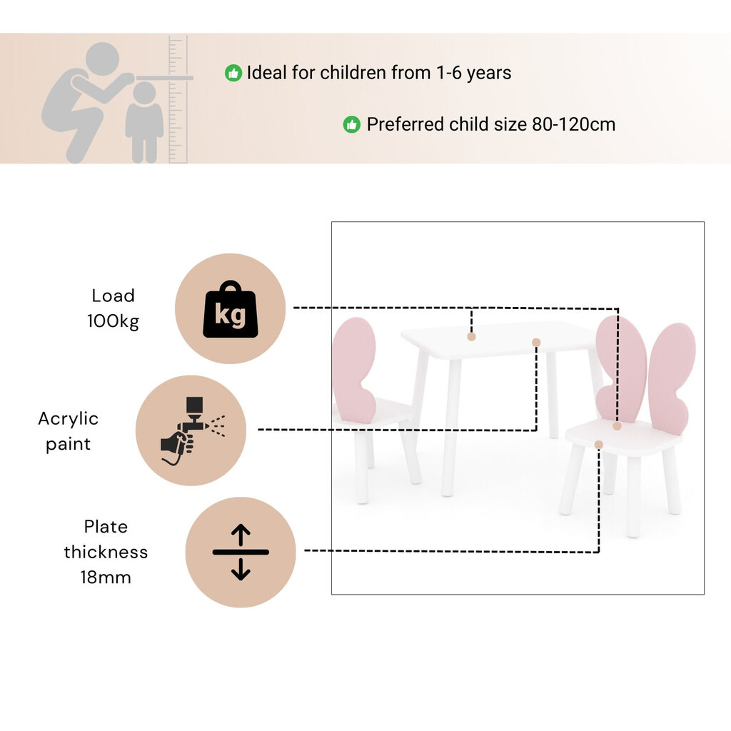 Ristkülikukujuline laud ja kaks liblikatooli - valge, roosa цена и информация | Laste lauad ja toolid | kaup24.ee