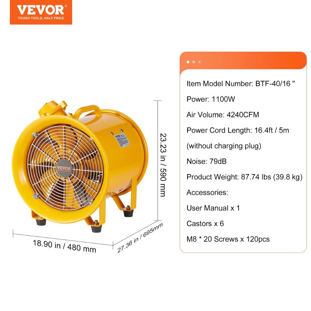 Ehitusventilaator Vevor, 1100W, 2850 p/min цена и информация | Ventilaatorid | kaup24.ee