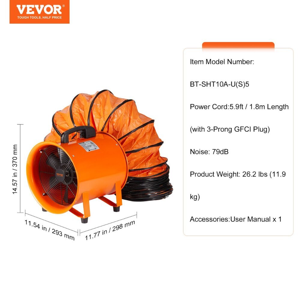 Ehitusventilaator koos voolikuga Vevor, 255 W, 2830 p/min, 811 L/s цена и информация | Ventilaatorid | kaup24.ee