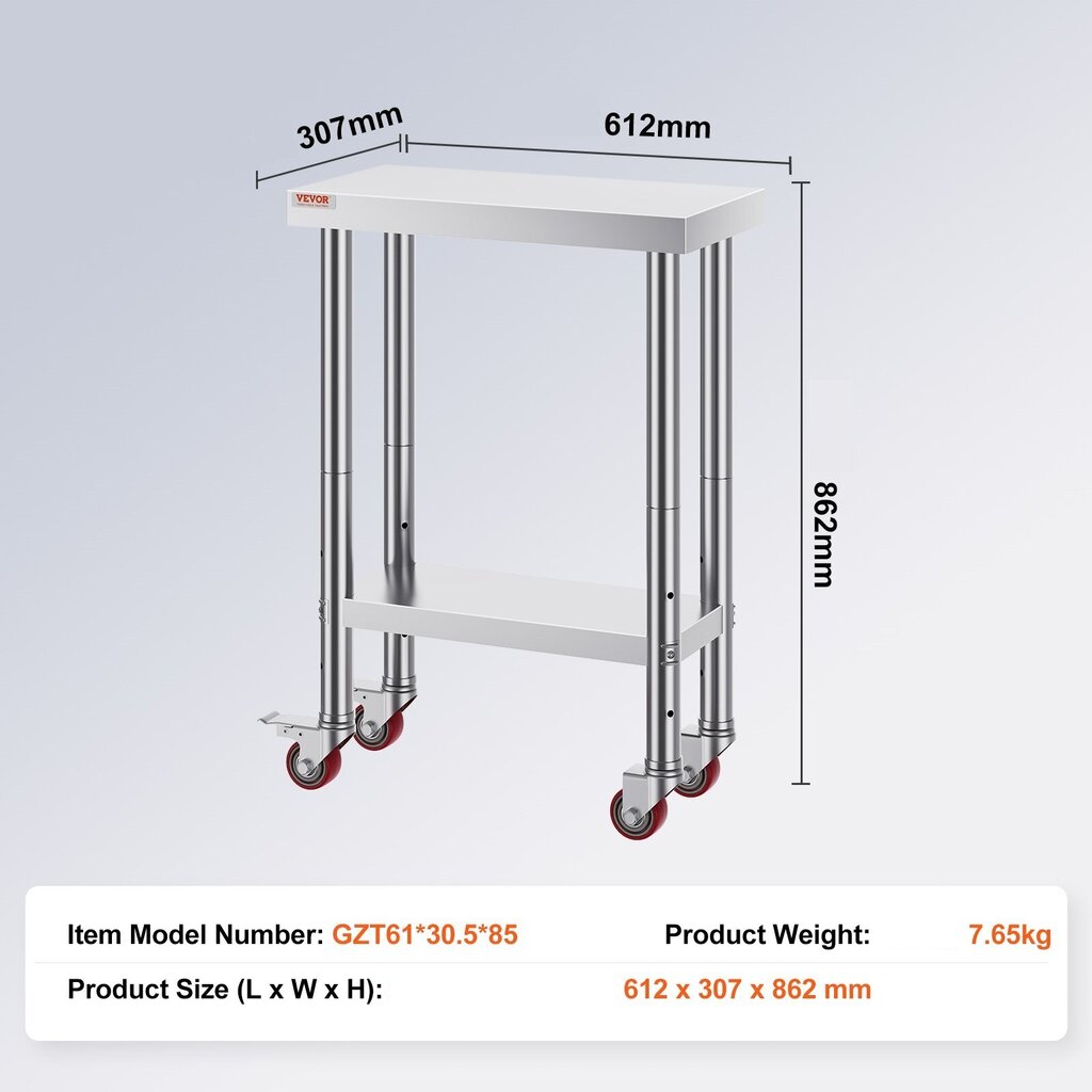 Töölaud Vevor ratastega 60 x 30 x 80 hõbe цена и информация | Köögi- ja söögilauad | kaup24.ee